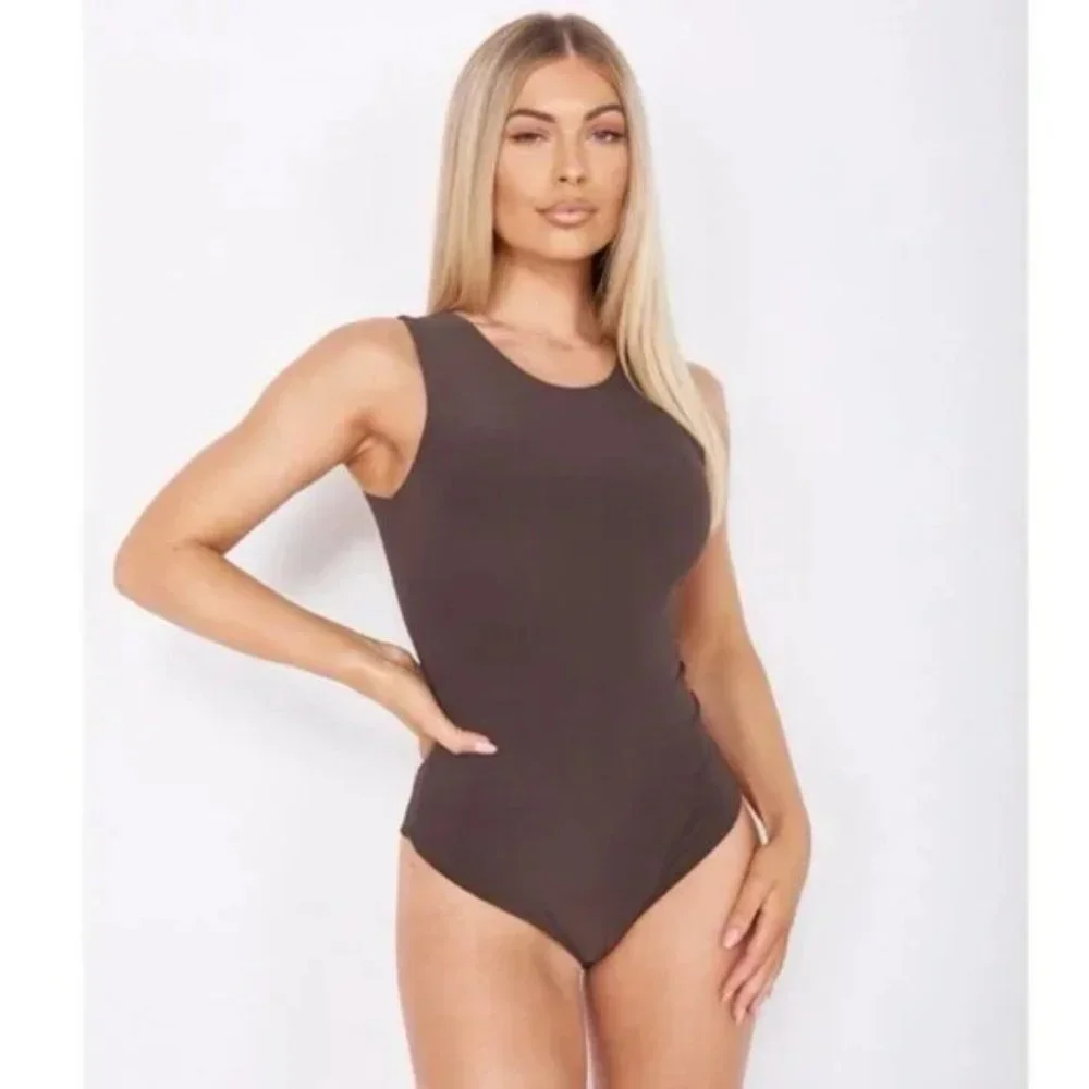 Brown Sleeveless Bodycon Bodysuit Top Leotard - Picture 1 of 10